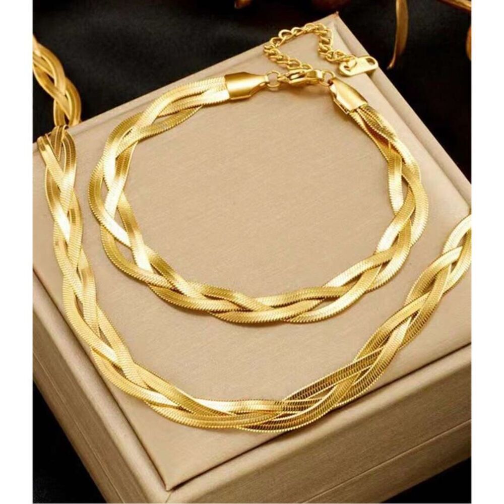 Gold Braided Necklace Bracelet Set